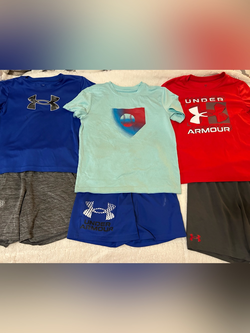 Boys Size 6, 3 Sets of Under Armour Boys' Athletic Shorts and Shirts